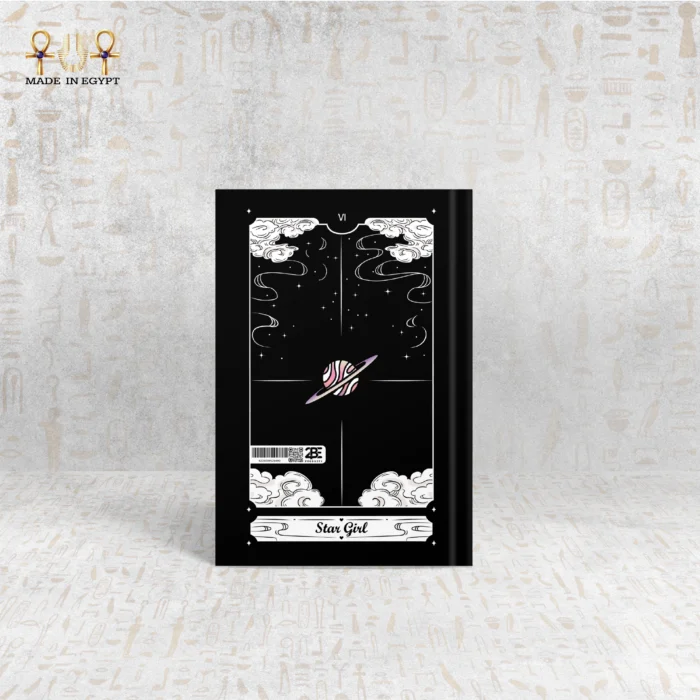Star Girl notebook back cover with planet illustration and starry background