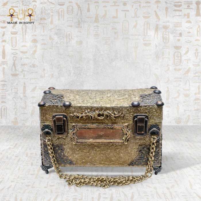 Back view of the Sultana bag featuring antique gold texture, brass accents, and handcrafted detailing.
