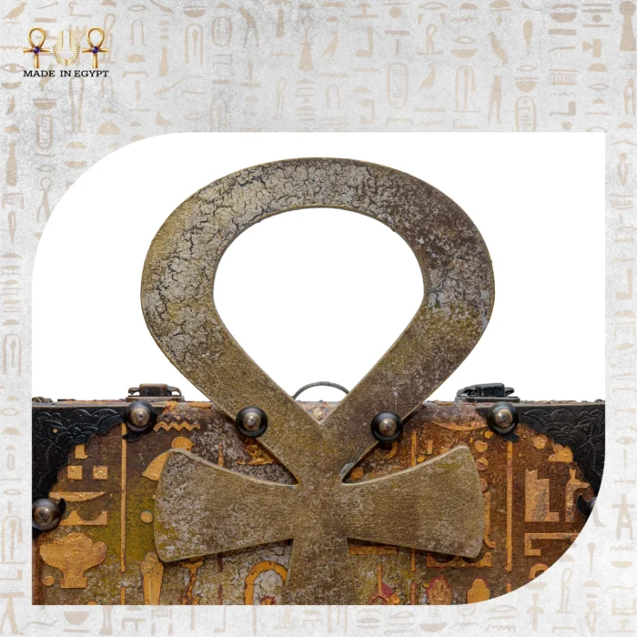 Close-up of the ankh symbol handle on The Key to Modesty bag