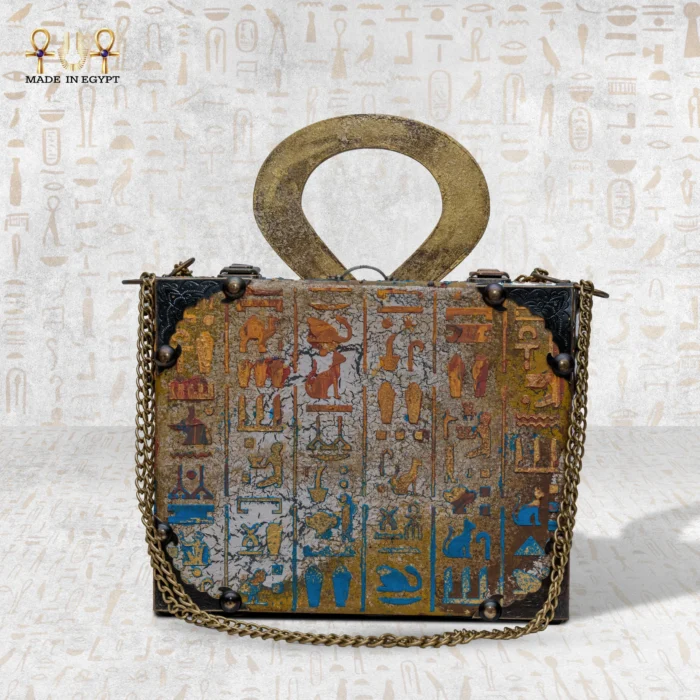 Handmade wooden bag with ancient Egyptian hieroglyphs and an ankh-shaped handle