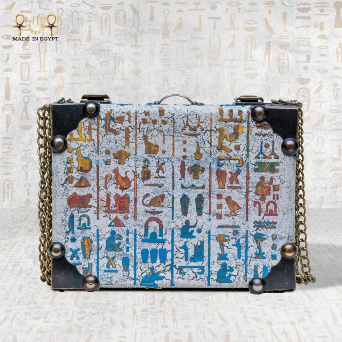 The Secret of Eternity bag back view with hieroglyphic inscriptions and ancient Egyptian symbols