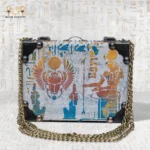 The Secret of Eternity bag front view with winged scarab and ancient Egyptian sun symbol