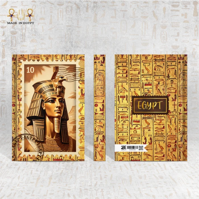 Tutankhamun notebook front and back with pharaoh art and hieroglyphic design