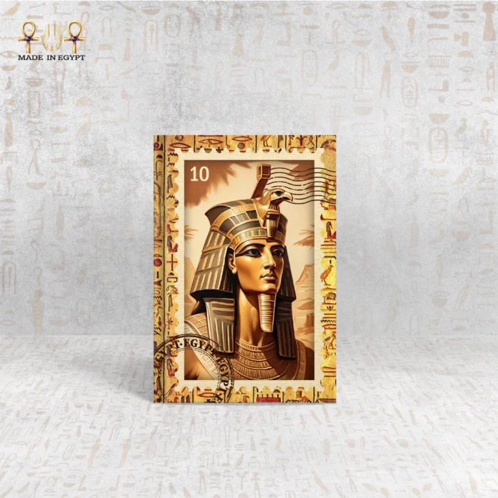 Tutankhamun notebook with golden pharaoh illustration and hieroglyphic border