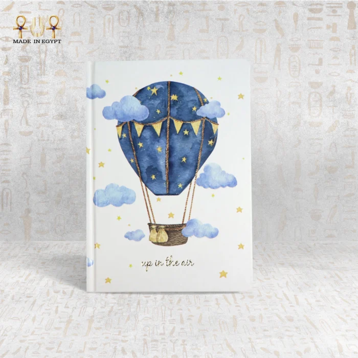 Illustrated blue hot air balloon notebook with clouds and stars, titled "Up in the Air".
