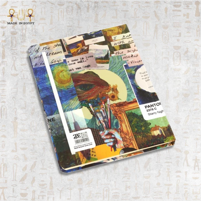 Vincent van Gogh themed notebook back cover with painting collage and artistic quotes.