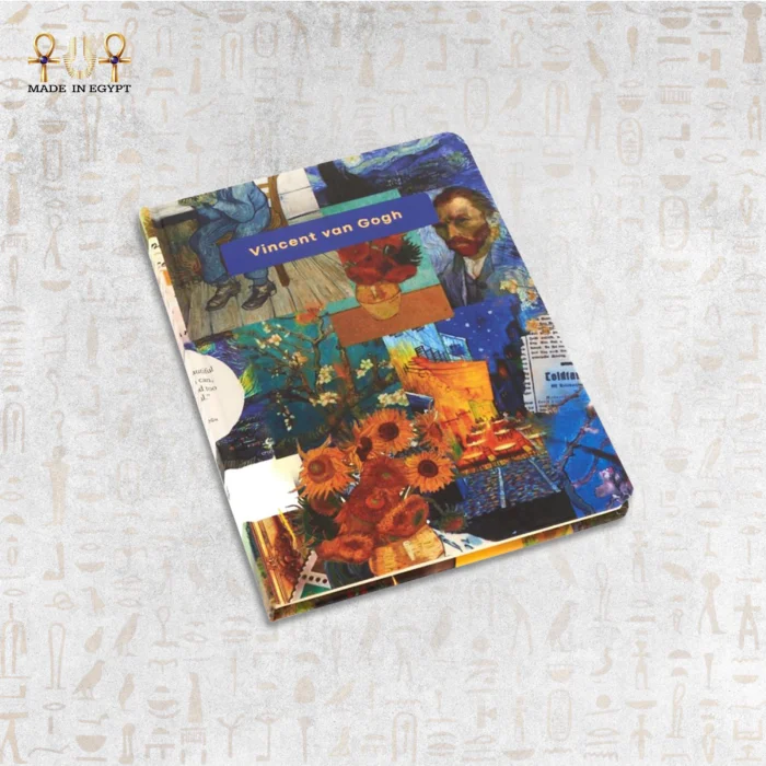 Vincent van Gogh inspired notebook cover with a collage of paintings and sunflower art.