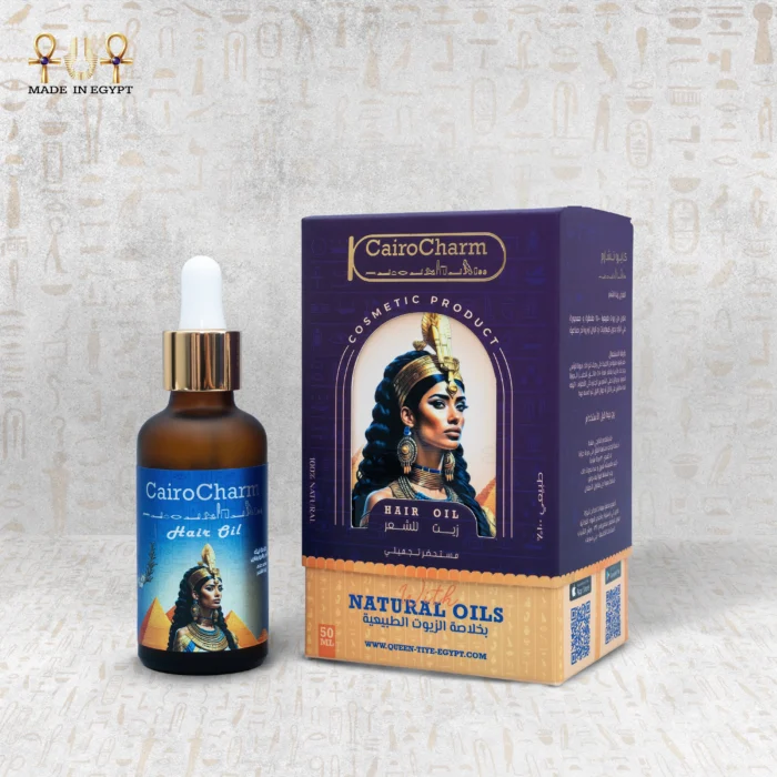 CairoCharm Hair Oil for Dry Hair with elegant packaging, featuring an Egyptian-inspired design and 50ml bottle.