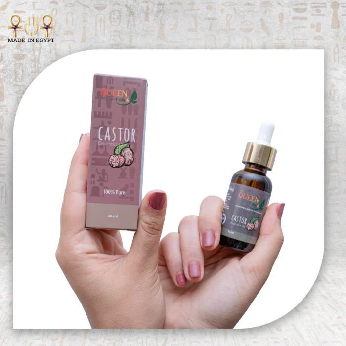 Castor Essential Oil, 30ml, bottle held with packaging box visible.