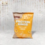 Cheese Rings baked protein snack by Haj Arafa, cheese-flavored and baked not fried, in yellow packaging.