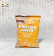 Cheese Rings baked protein snack by Haj Arafa, cheese-flavored and baked not fried, in yellow packaging.