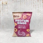 Chili Rings baked protein snack by Haj Arafa, sweet chili flavor, in red packaging.