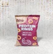 Chili Rings baked protein snack by Haj Arafa, sweet chili flavor, in red packaging.