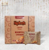 Cinnamon Touch Maamoul by Haj Arafa – cinnamon-filled date pastry box (12 pieces) with individual pack in front.