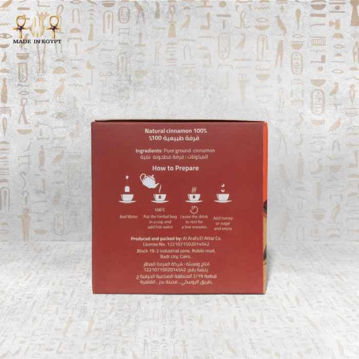Cinnamon Warmth by Haj Arafa – back of packaging showing ingredients, preparation steps, and product details.