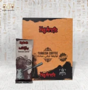 Coffee Heritage by Haj Arafa – Turkish plain roasted coffee in 12 sachets box, front packaging with single sachet displayed.