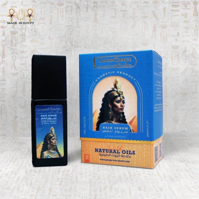 CairoCharm Hair Serum bottle with packaging box, showing the natural oils.