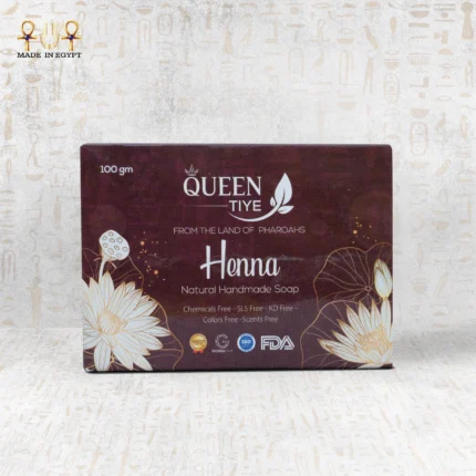 Henna Natural Handmade Soap â€“ Close-up view of the box packaging with floral details.