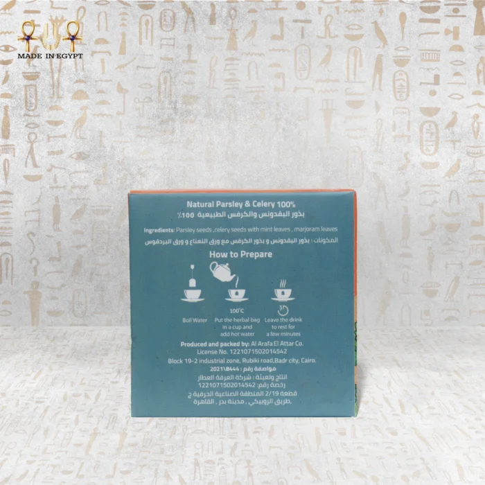 Back view of Herbal Purity Parsley Seeds & Celery tea box with preparation steps and ingredient details.