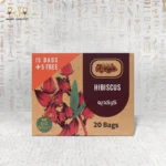 Front view of Hibiscus Harmony herbal tea packaging, featuring 20 bags of 100% natural hibiscus.