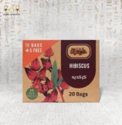 Front view of Hibiscus Harmony herbal tea packaging, featuring 20 bags of 100% natural hibiscus.