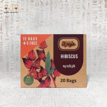 Front view of Hibiscus Harmony herbal tea packaging, featuring 20 bags of 100% natural hibiscus.