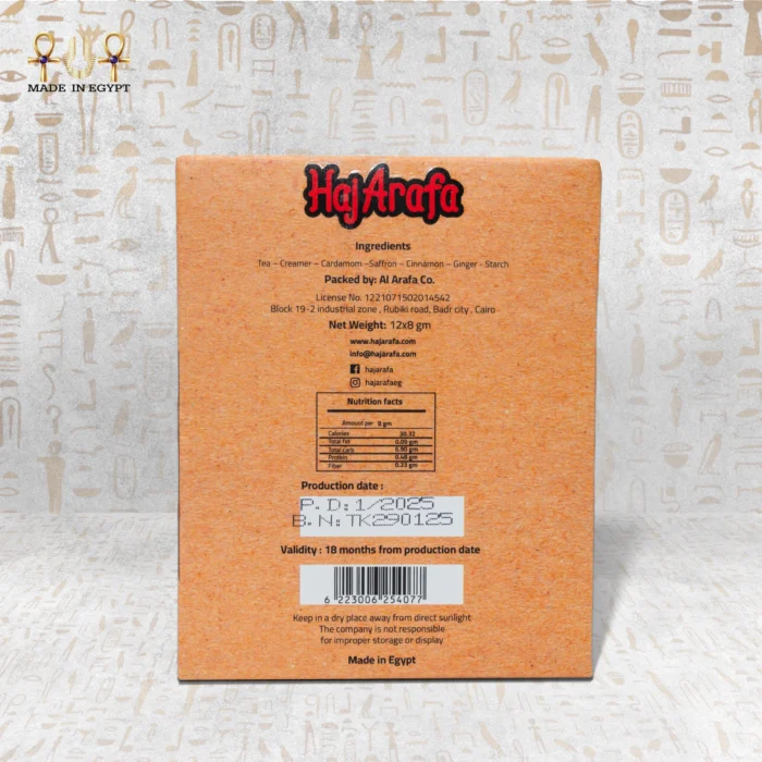 Back view of Haj Arafa Karak Story chai karak packaging showing ingredients, nutrition facts, and production details.