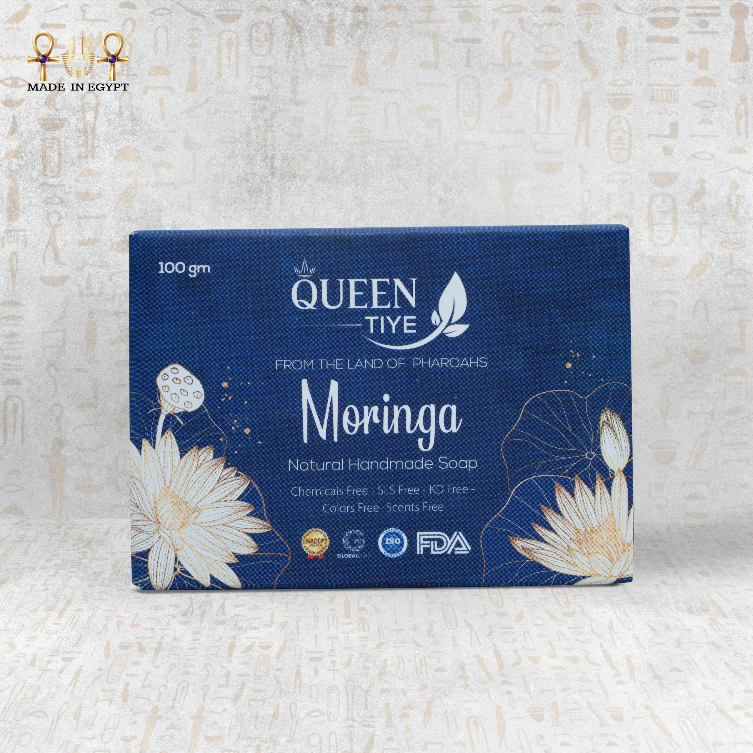 Moringa Soap @25A Front view of Queen Tiye's Moringa Natural Handmade Soap packaging (100g)