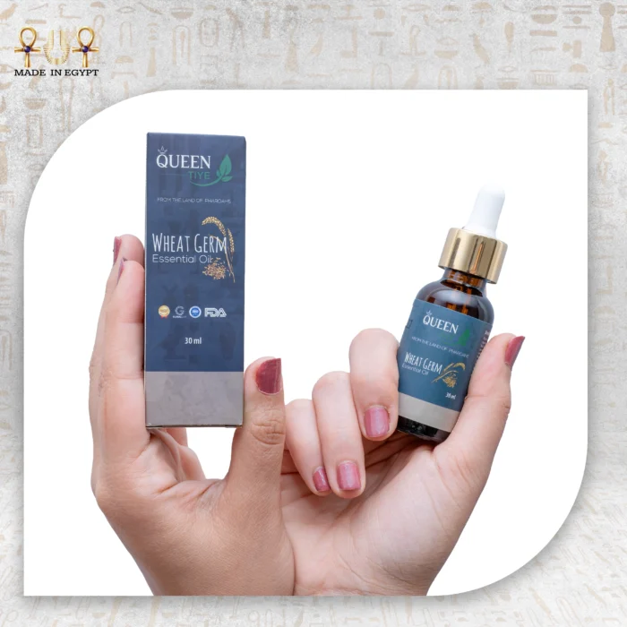 Queen Wheat Germ Essential Oil 30ml in a dropper bottle with box packaging, held in hands.