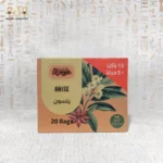 Front view of Haj Arafa Whisper of Anise herbal tea box, showing 100% natural anise, 20 bags, and botanical artwork of star anise.