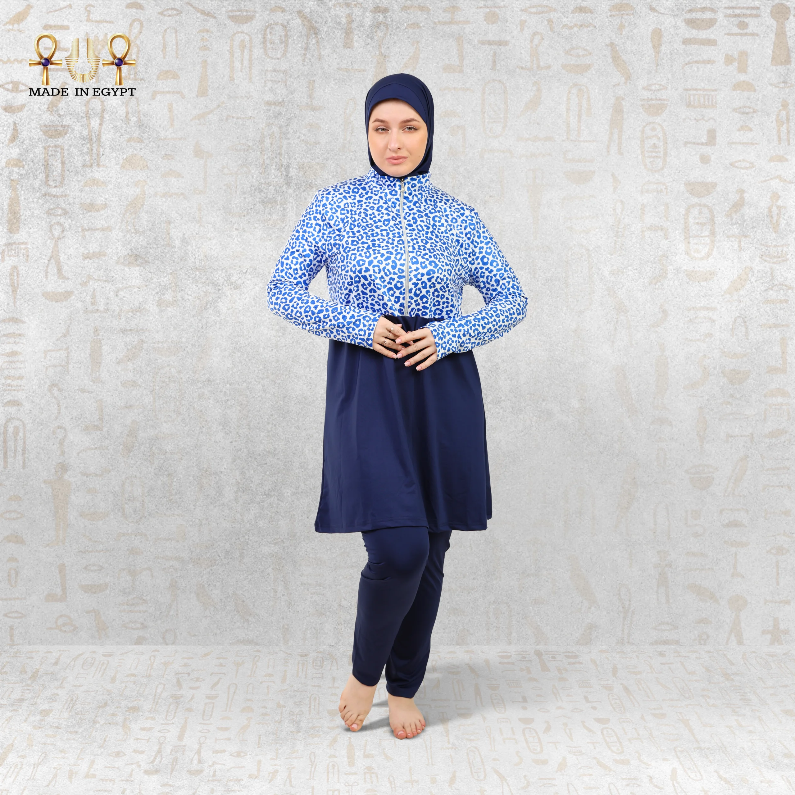 @2 Blue Tropic Modest Swimwear Set طقم سباحة أزرق بطبعات استوائية - الصورة 1