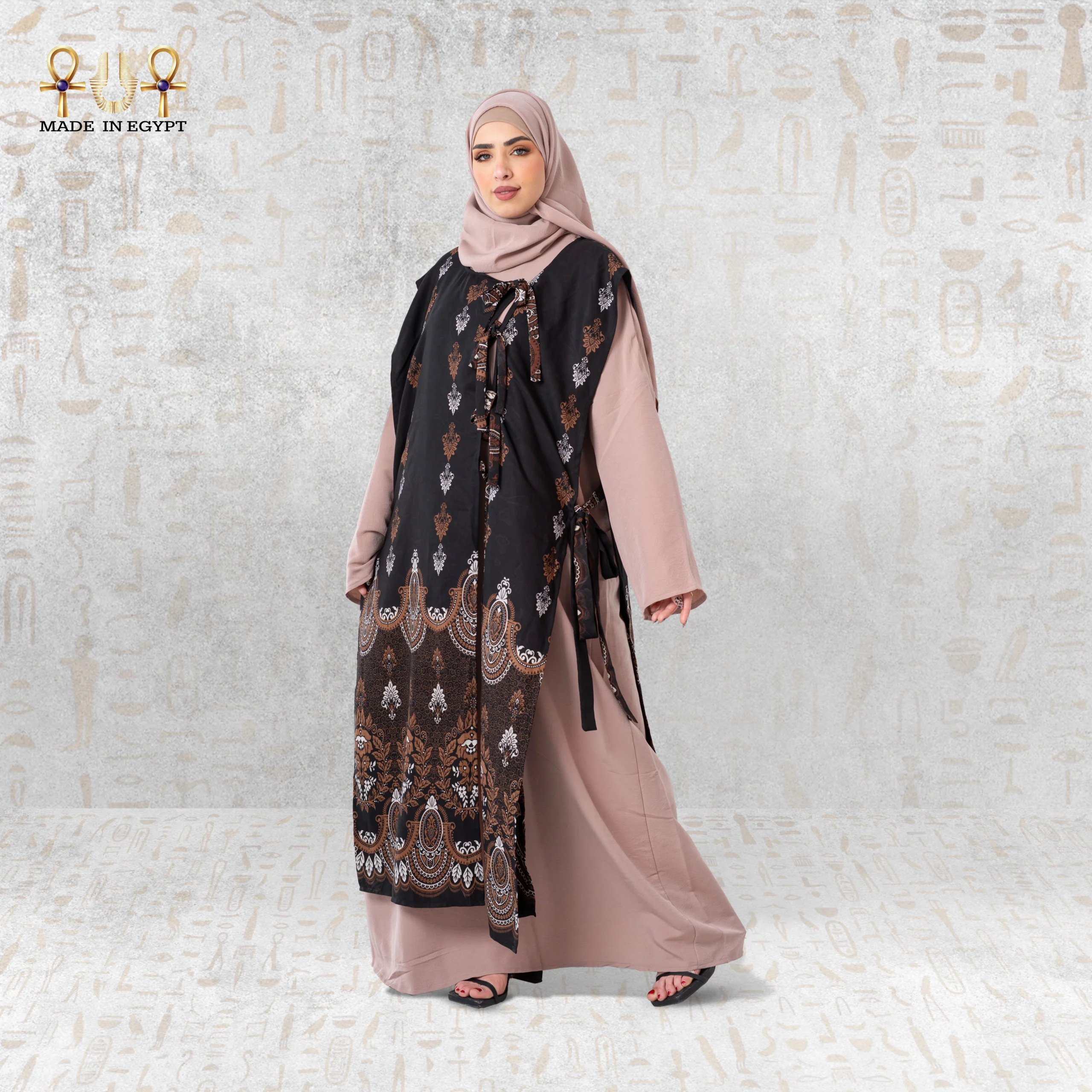 @3 Royal Beige Abaya with Oriental Vest