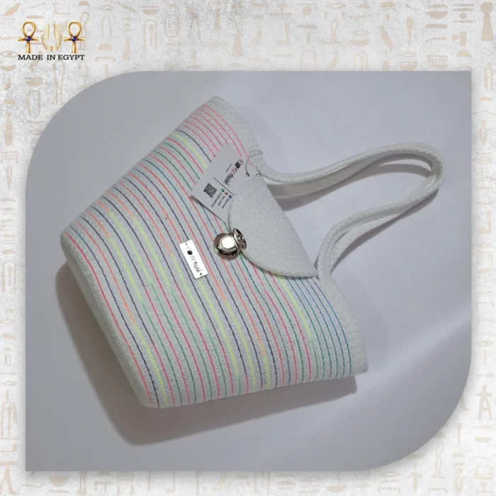Striped Straw Bag with Metal Lock - Image 1