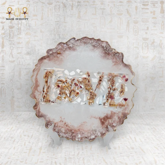 @40A Floral Resin LOVE Decorative Plate with Gold Edges Floral Resin LOVE Decorative Plate with Gold Edges - Image 1