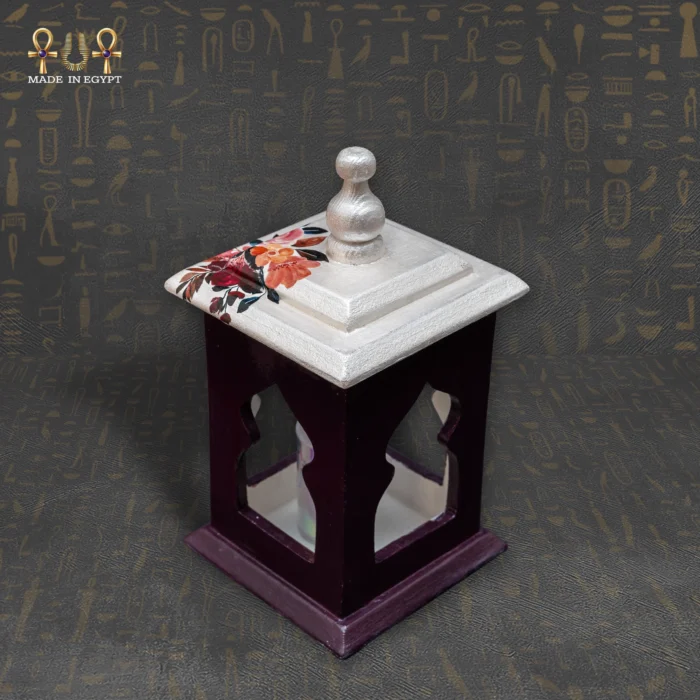Small Decorative Wooden Lantern – Burgundy & Off-White Floral - Image 1