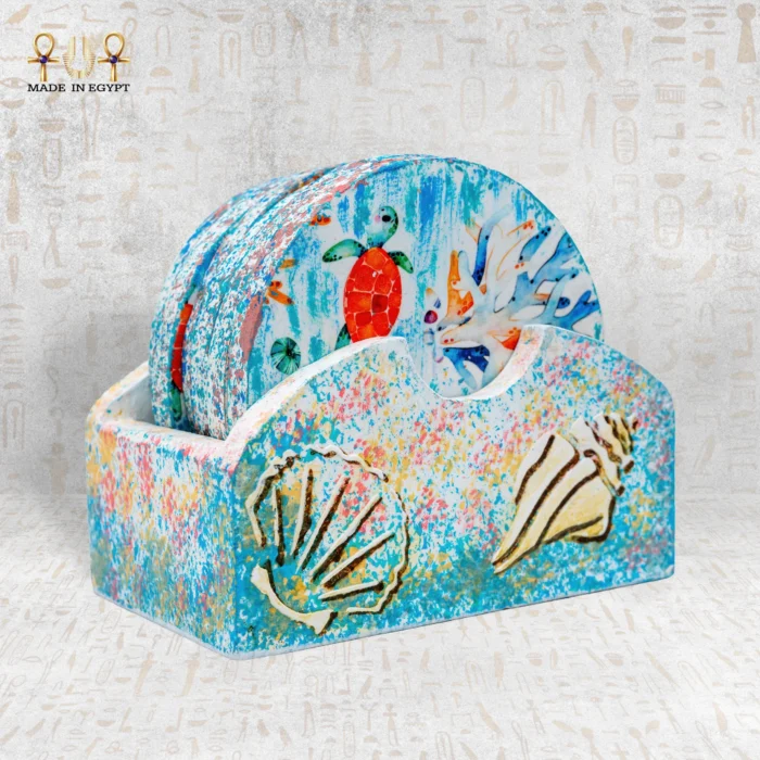 @1B.Summer Sea Round Coasters Set (6 Pieces) with MDF Holder طقم كوسترات صيف البحر الدائري - الصورة 1