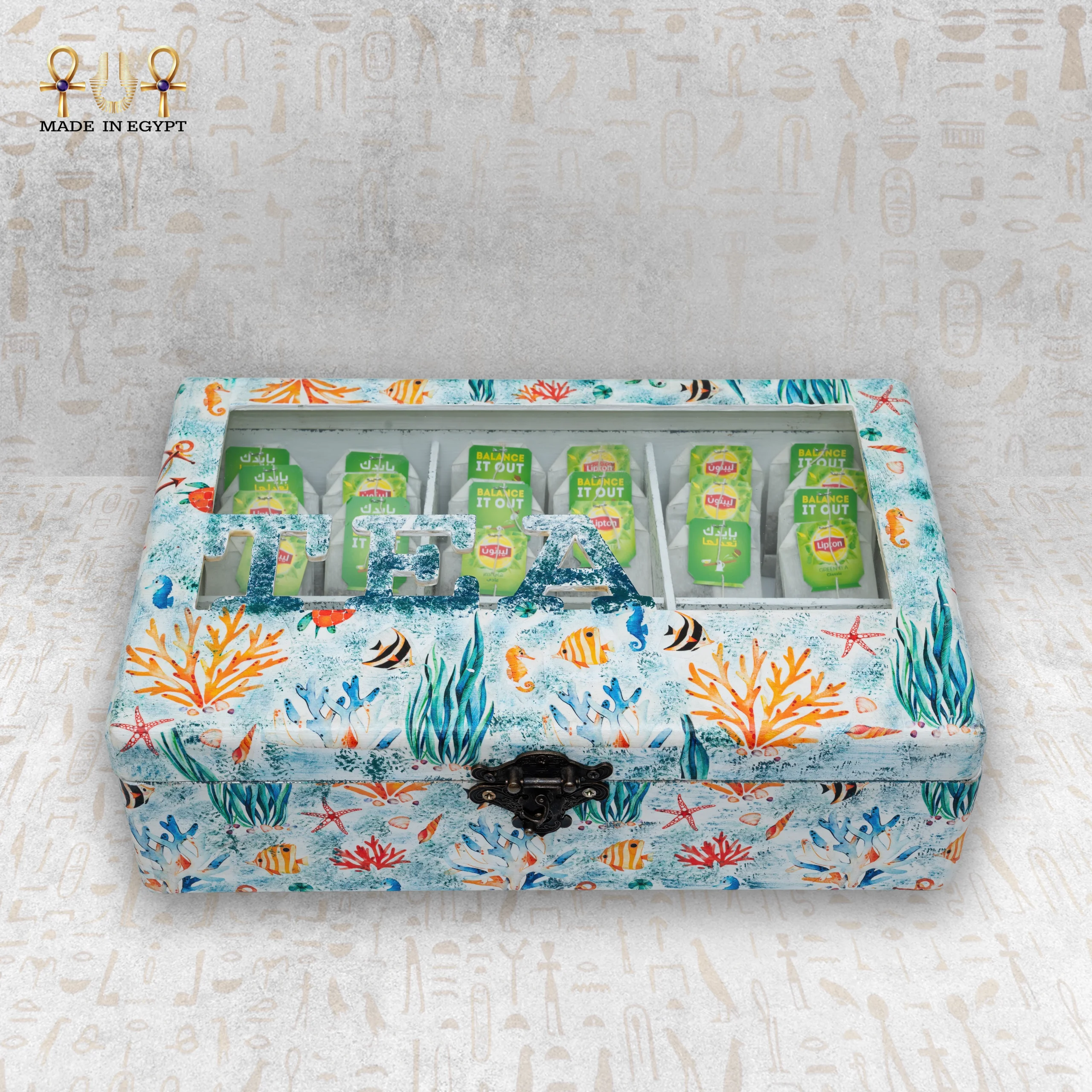 @2dSea Breeze Tea Box with Glass Lid – 6 Adjustable Compartments Sea Breeze Tea Box with Glass Lid - Image 1