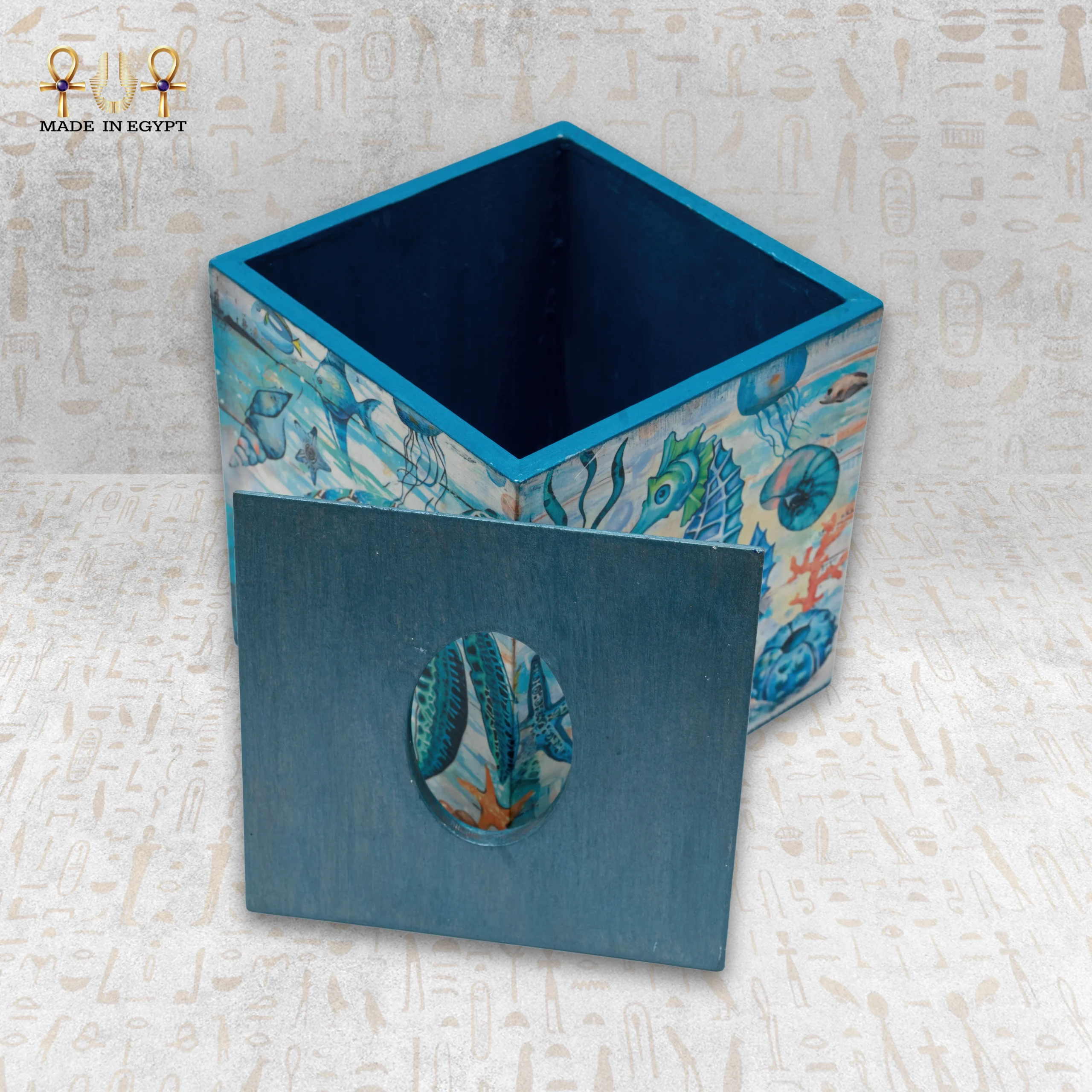 @3fSea Life Wooden Tissue Box – Summer Coastal Design Sea Life Wooden Tissue Box - Image 1