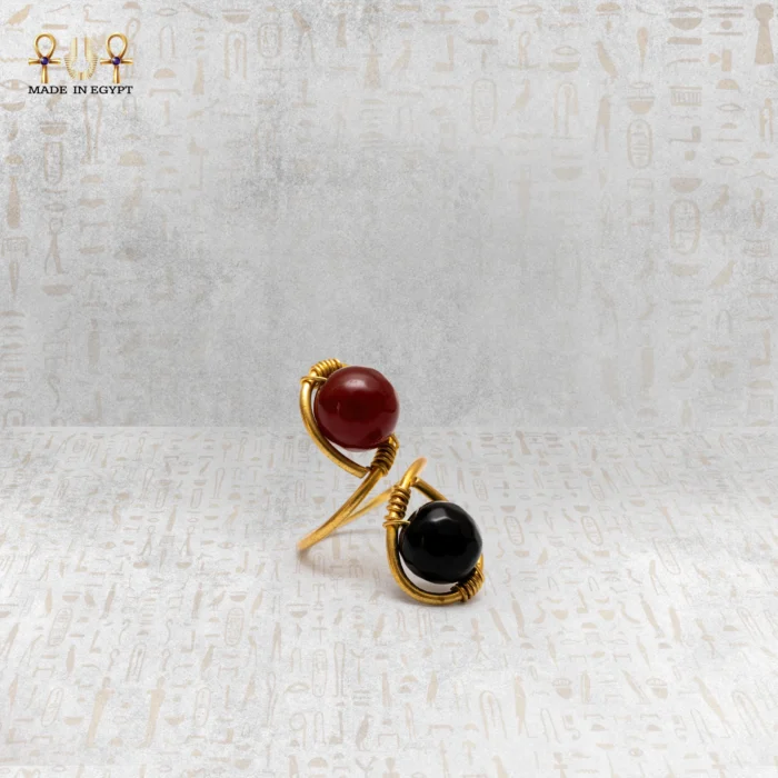 Yellow Brass Wire Ring with Black and Brown Agate Stones - Image 1