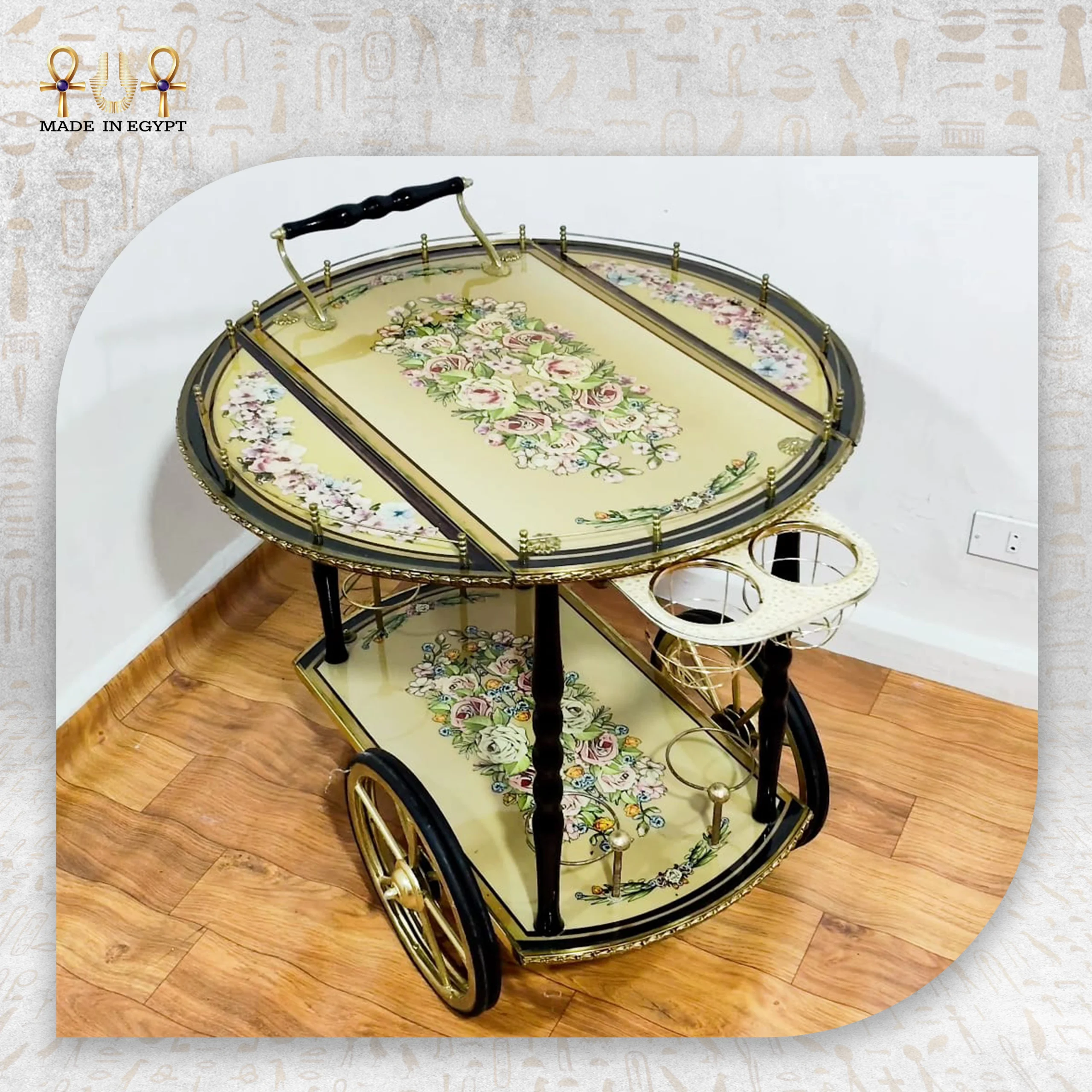 @18aClassic Marquetry Serving Cart – Light Yellow Classic Marquetry Serving Cart – Light Yellow - Image 1