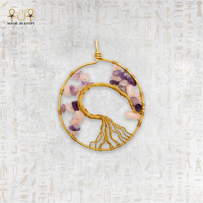 Tree of Life Yellow Brass Wire Pendant with Agate Chips - Image 1