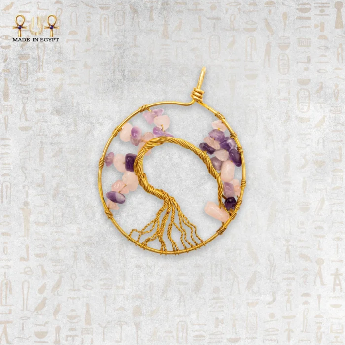 Tree of Life Yellow Brass Wire Pendant with Agate Chips - Image 2