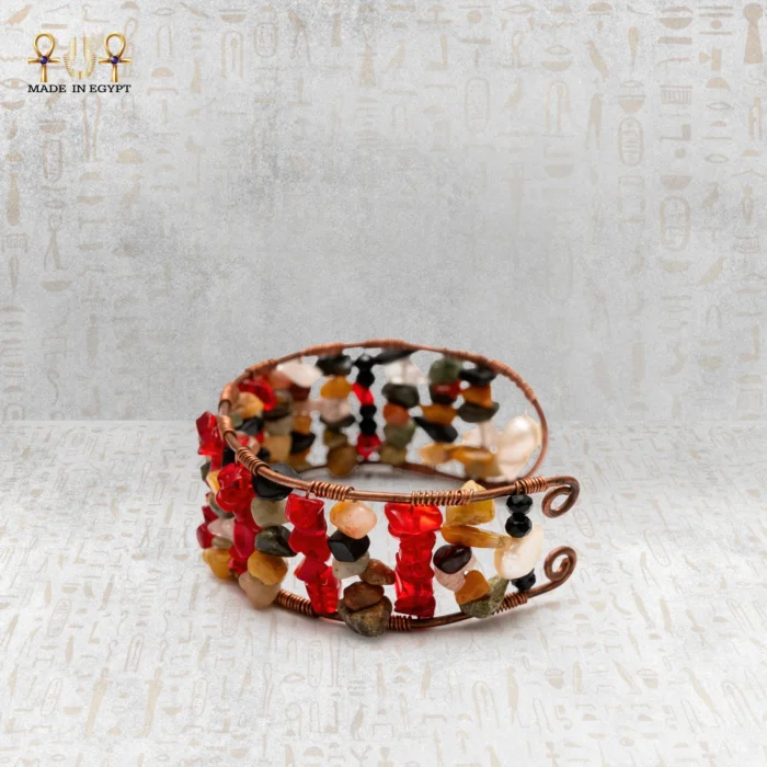 Red Copper Bracelet Inlaid with Agate & Natural Stone Chips - Image 2
