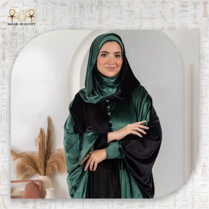 Bicolour Velvet Abaya with Attached Headscarf - Image 2