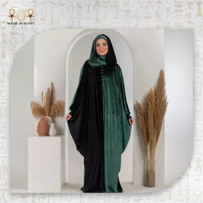 Bicolour Velvet Abaya with Attached Headscarf - Image 1