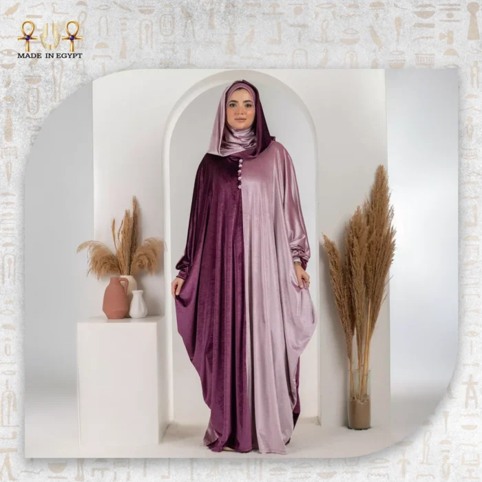 Bicolour Velvet Abaya with Attached Headscarf and Hoodie - Image 1