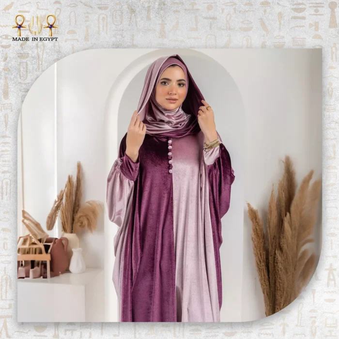 Bicolour Velvet Abaya with Attached Headscarf and Hoodie - Image 2