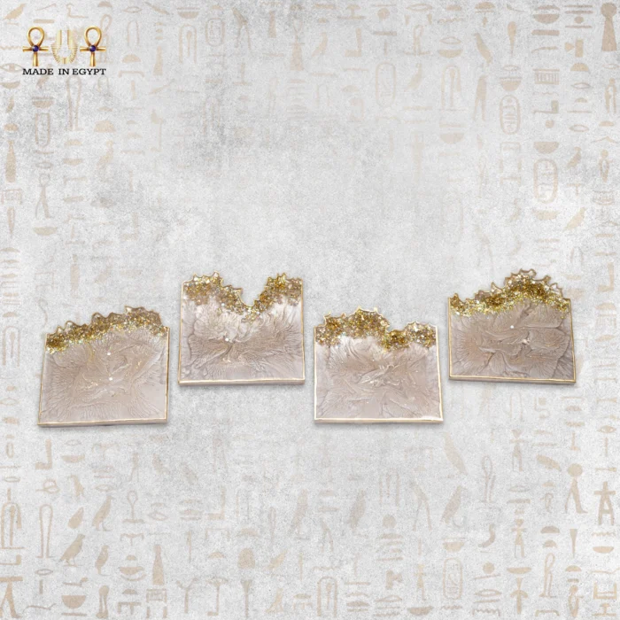 ⁦طقم كوستر ريزين رخامي فاخر – حافة كريستال ذهبي⁩ - الصورة ⁦1⁩