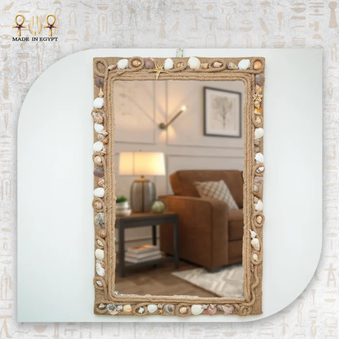 @7B.Seashell Mirror with Natural Rope Frame مرآة الصدف البحري بإطار حبال طبيعية - الصورة 1