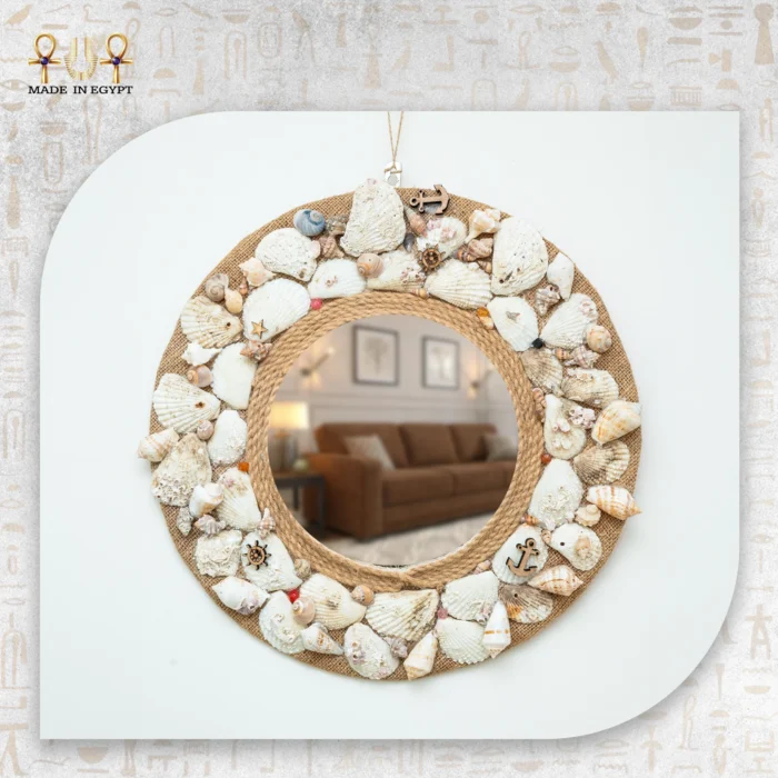 @8a.Seashell Mirror with Rope & Burlap Frame مرآة بحرية بإطار حبال وخيش مزينة بالأصداف - الصورة 1